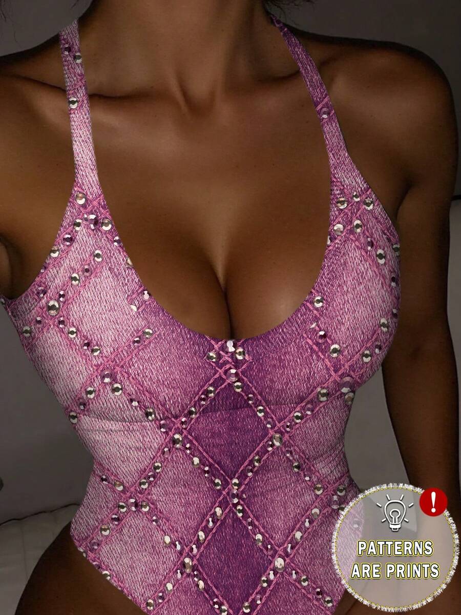 Rovax 女士时尚菱形印花无袖连体衣，夏季 - 彩色 - 查看 1