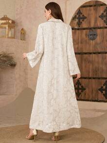 Al Najma Elegant Cut-Out Collar Mesh Flare Sleeve Dress - Apricot - View 2