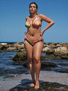 SHEIN BAE Bộ bikini hai mảnh gợi cảm buộc dây cổ và quần tam giác in hoa dành cho nữ cỡ lớn, thích hợp cho kỳ nghỉ hè. - Nhiều màu - Xem 4