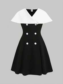 SHEIN Gaun A-Line Elegan Warna Hitam & Putih dengan Kerah Besar untuk Anak Perempuan Remaja - Hitam dan Putih - View 3