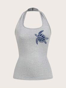 SHEIN EZwear 女士紧身休闲吊带背心，海龟印花图案，适合夏季穿着 - 淺灰色 - 查看 5