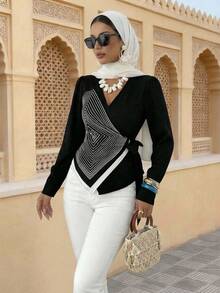 Elenzga 优雅 V 领数码印花几何线条图案长袖不对称下摆系带蝴蝶结衬衫 - 黑色 - 查看 4