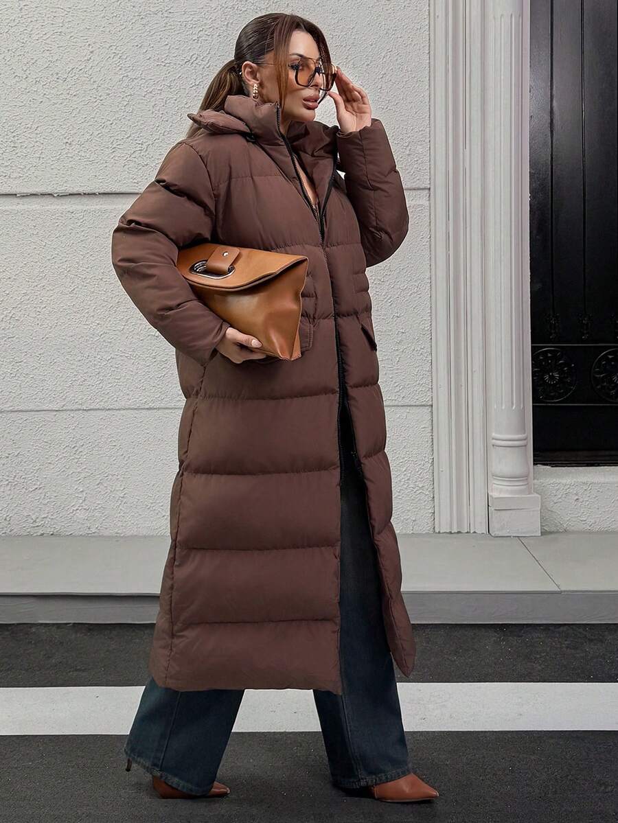 SHEIN Women Pocket And Zipper Detailed Winter Coats - Chocolate Brown - View 1
