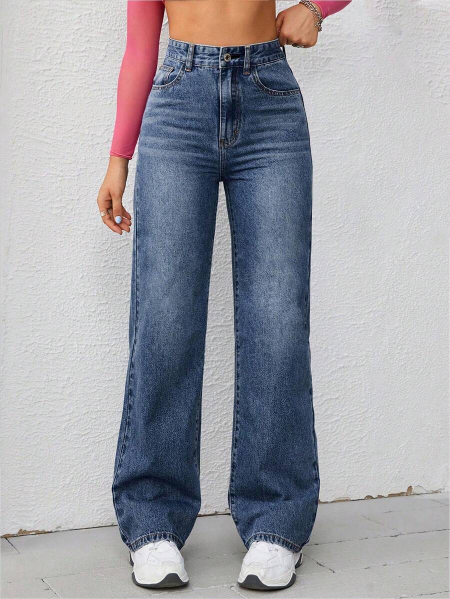 SHEIN EZwear 女士宽松直筒加厚口袋牛仔裤，适合感恩节和圣诞节穿着，休闲百搭。 - 深色水洗藍 - 查看 1