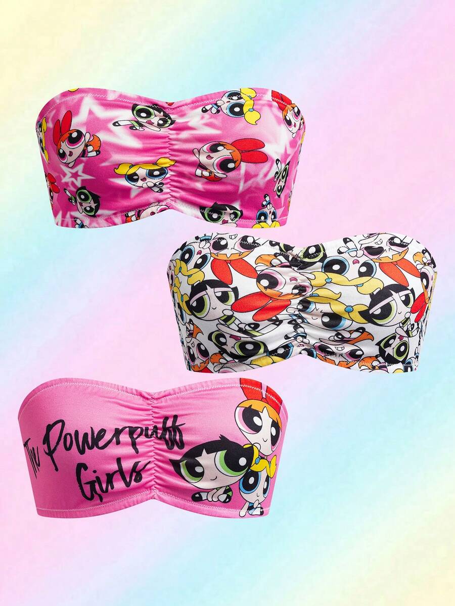 THE POWERPUFF GIRLS X SHEIN 3pcs/Set Women's Casual Comfortable Cartoon Print Tube Tops - Pink - View 1