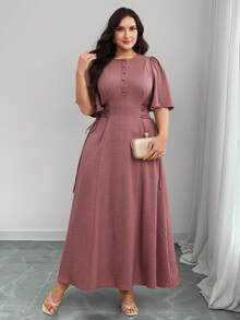 SHEIN CURVE+ 大码女式圆领泡泡袖春夏单排扣纹理面料侧系带连衣裙，优雅长裙 - 藕粉色 - 查看 8