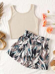 少女黑色背心豹纹纸袋短裤两件套 - 彩色 - 查看 2