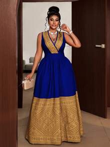 Maweii Plus Size Women V-Neck Ruched Waist Colorblock Elegant Party Dress - Blue - View 1