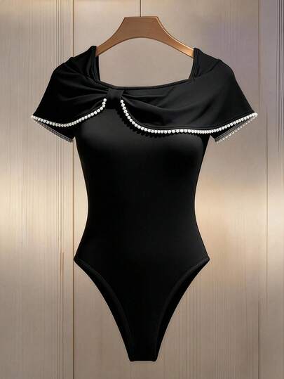 Franclia Women's Spring/Summer Minimalist Fashion Pearl Ribbon Patchwork Asymmetrical Collar Fitted Bodysuit