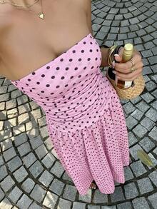 Vestido bandeau con cintura ceñida y estampado de lunares, estilo vacacional - Iron Gray - Ver 6