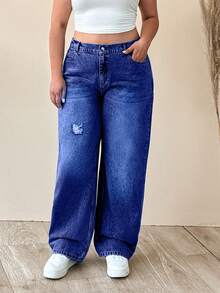 EURMUSE 100% Cotton Plus Size Women's Mid-Blue Elastic Waist Straight Leg Jeans - Dark Wash - View 5
