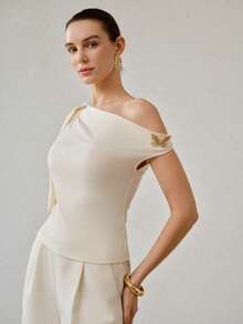 MOTF PREMIUM SOLID KNOT ASYMMETRICAL SHOULDER METAL BUTTERFLY SLIM FIT TOP - Apricot - View 4