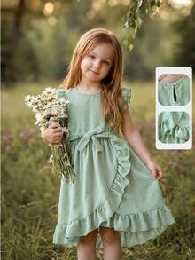 SHEIN Playful Pals 女童舒适休闲荷叶边雪纺连衣裙，配有腰带，适合夏季外出、拍照、日常穿着和上学穿着。 - 淺綠色 - 查看 8