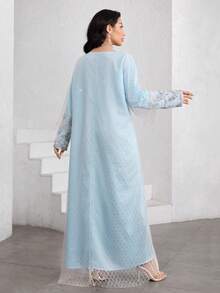 Al Najma Mesh Jacquard Patchwork Elegant Loose Long Sleeve Dress For Women - Multicolor - View 7