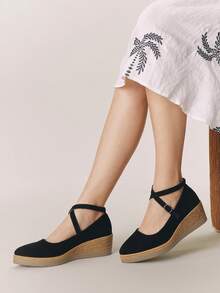 Styleloop 女士厚底坡跟凉鞋，编织带厚底波西米亚风复古美式音乐节派对鞋，适合度假及春夏穿着 - 黑卡其 - 查看 3