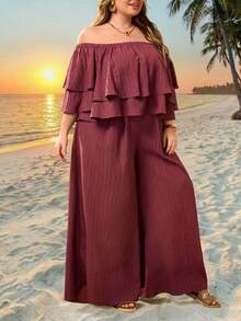 SHEIN CURVE+ Plus Size Women Holiday Solid Color Ruffle Off Shoulder Blouse And Wide Leg Pants Set Beach Vacation Outfits Woman 2 Piece Plus Size Summer 2 Piece Set Beach 2 Piece Set - Mauve Purple - View 4