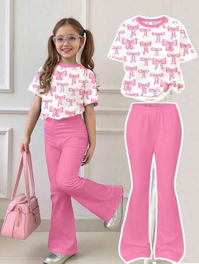 Bright Pink, Cute Butterfly Print, Tween Girl Casual Minimalist Comfortable Round Neck Loose Short Sleeve T-Shirt And Flare Pants Set, Suitable For Daily Wear, Street Style, Outings, Home, Vacation, Homecoming, Back To School, Spring & Summer