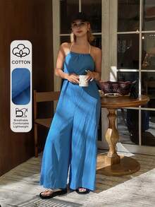 DAZY Bộ jumpsuit dài ống rộng dáng suông tối giản cho kỳ nghỉ hè dành cho nữ, thích hợp cho nữ. - Màu xanh lam - Xem 5