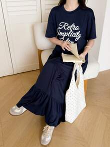 Gaun Kasual Lengan Pendek Berkerut dengan Motif Huruf dan Kerah Bulat untuk Remaja Perempuan - Navy Blue - View 5