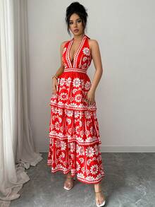 Selianne French Elegant Casual Vacation Deep V-Neck Three-Layer Summer New Wrap Chest Graceful Sexy Fashion Versatile Tie Strap Sleeveless Maxi Dress, Suitable For Dates, Outings, Vacations, Holidays, Independence Day, Back To School, Teacher Outfits, Weddings, Parties, Music Festivals, Oktoberfest, Halloween, Thanksgiving And Other Occasions. Cake Skirt - Red - View 3