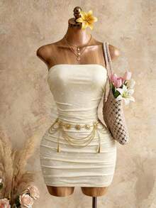 Mistrie Shiny Knit Backless Tie Strap Sexy Mini Dress For Women, Spring/Summer - Apricot - View 3