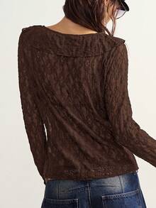 Blusa de manga larga con volantes de encaje de punto de unicolor casual bohemio para mujer - Marrón Chocolate - Ver 2