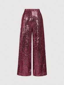 SHEIN MOD 女士纯色亮片阔腿宽松时尚裤，适合感恩节、圣诞节、舞会、派对等场合，闪亮裤装，秋冬必备单品 - 酒紅色 - 查看 3
