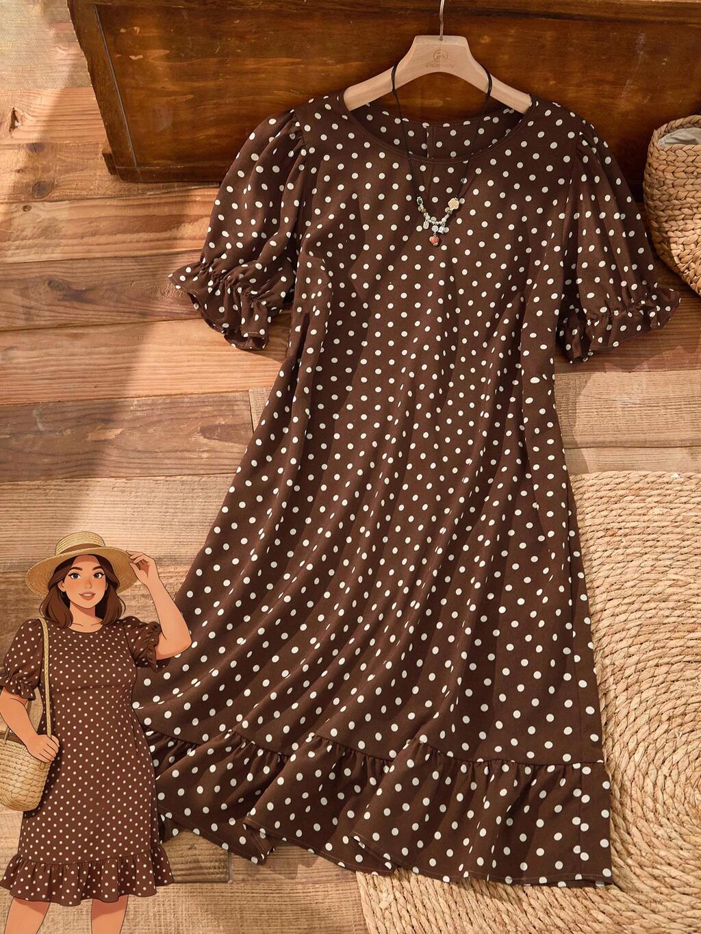 Abito casual da donna taglie forti per la primavera, con motivo a pois, maniche a palloncino e volant, colore marrone
