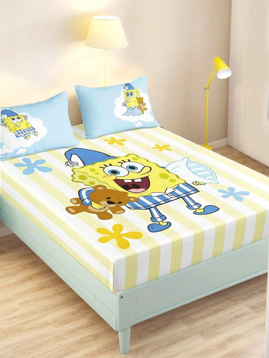 SpongeBob SquarePants | SHEIN 1pc Printed Bedsheet, Available In Multiple Sizes For Twin, Full, King, And Queen Beds. Comfortable, Soft, Breathable, And Warm; Machine Washable - Light Yellow - View 1