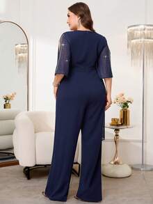 Reflora Plus Size Elegant Blue Rhinestone Embellished Jumpsuit, Suitable For Autumn/Winter Party - Navy Blue - View 3