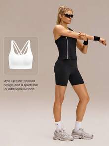 GLOWMODE Power Hour Lightweight Quick-Dry Mesh Waist-Length Regular Fit Cutout Back Contrasting Seam Tank Top Running Jogging Gym Training Tennis Golf Daily Active Wear - Black - View 7