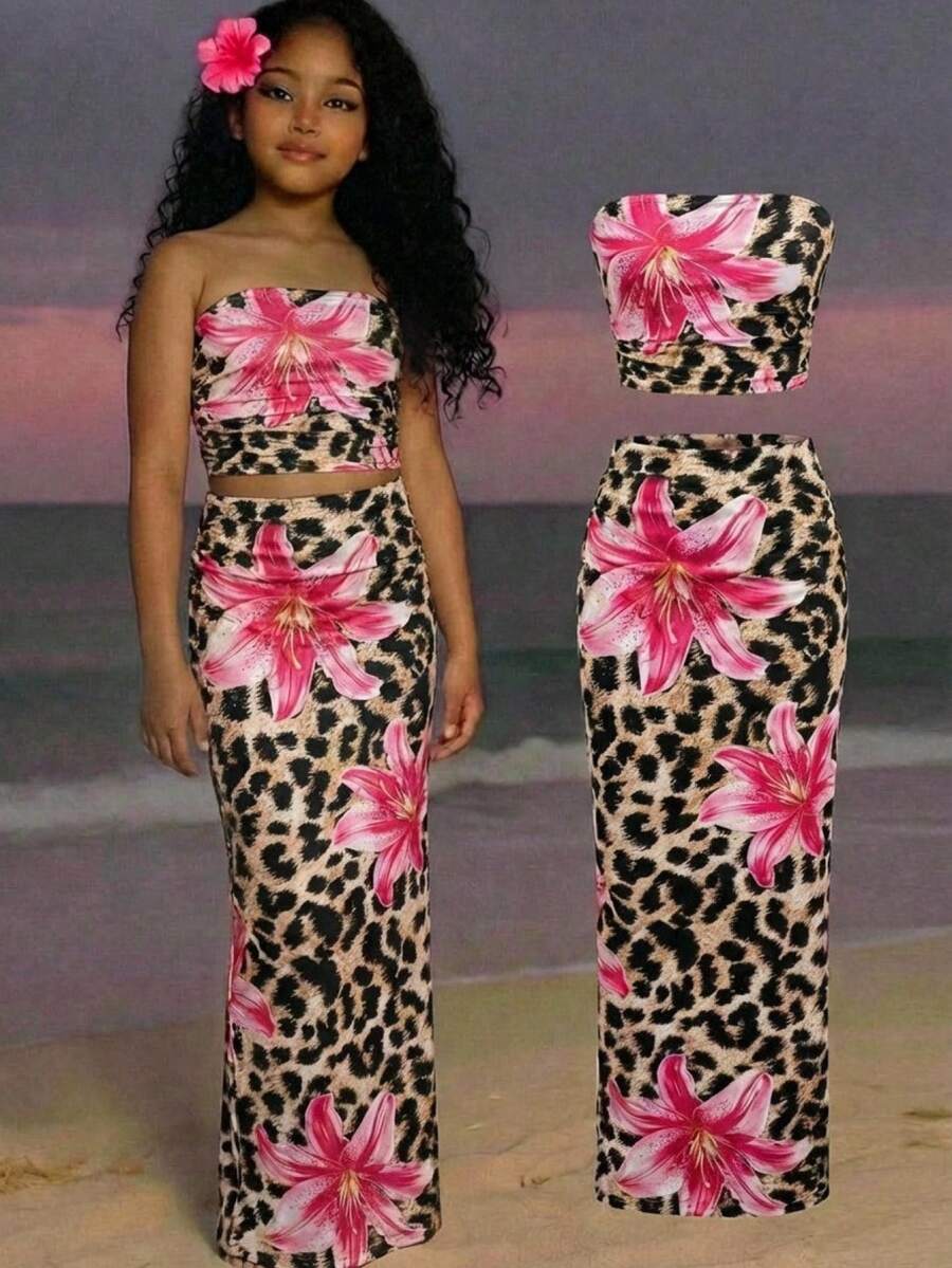 SHEIN Tween Girl Slim Fit Casual Minimalist Comfortable Tie-Dye Floral Pattern Tank Top & Bodycon Skirt Set Tween Girl - Multicolor - View 1