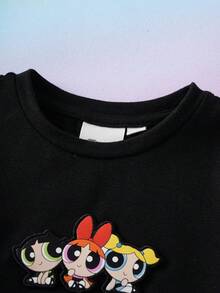THE POWERPUFF GIRLS X SHEIN 女婴蝴蝶结装饰短袖T恤和裤子套装 - 黑色 - 查看 3