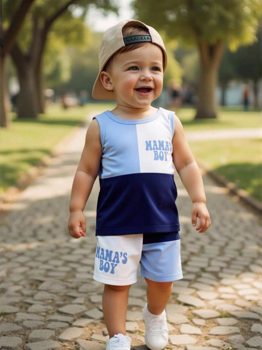 男婴休闲套装两件套,蓝色撞色拼接“MAMA'S BOY”字母印花背心搭配印花短裤,夏季套装 - 彩色 - 查看 1