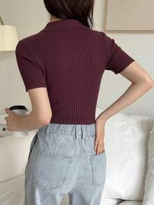 DAZY Áo dệt kim tay ngắn màu trơn dành cho nữ, kiểu dáng thường ngày, thích hợp cho công sở. - Màu Đỏ Sâu - Xem 4