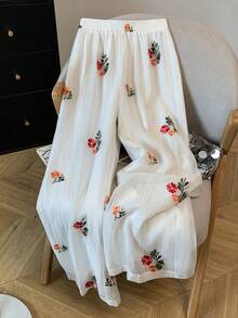 Resyla Women's Elastic Waist Floral Print Casual Versatile Daily Wear Wide Leg Pants - Apricot - View 2