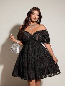 Viva Relle Plus Size Vintage French Sexy Off-Shoulder Cutout Short Sleeve Dress - Black - View 4