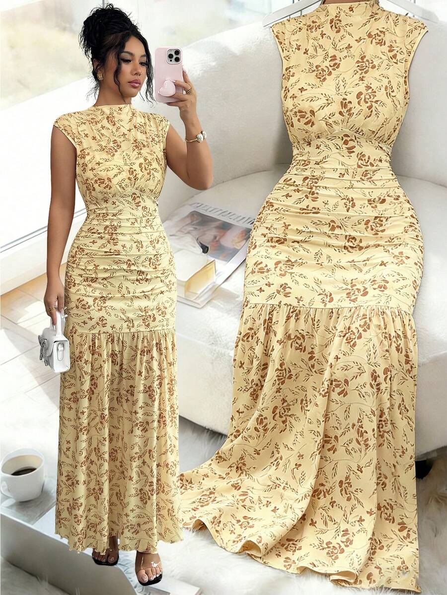 Elenzga Yellow Printed Ruched Waist Ruched Slit Elegant Dress For Women - Light Yellow - View 1
