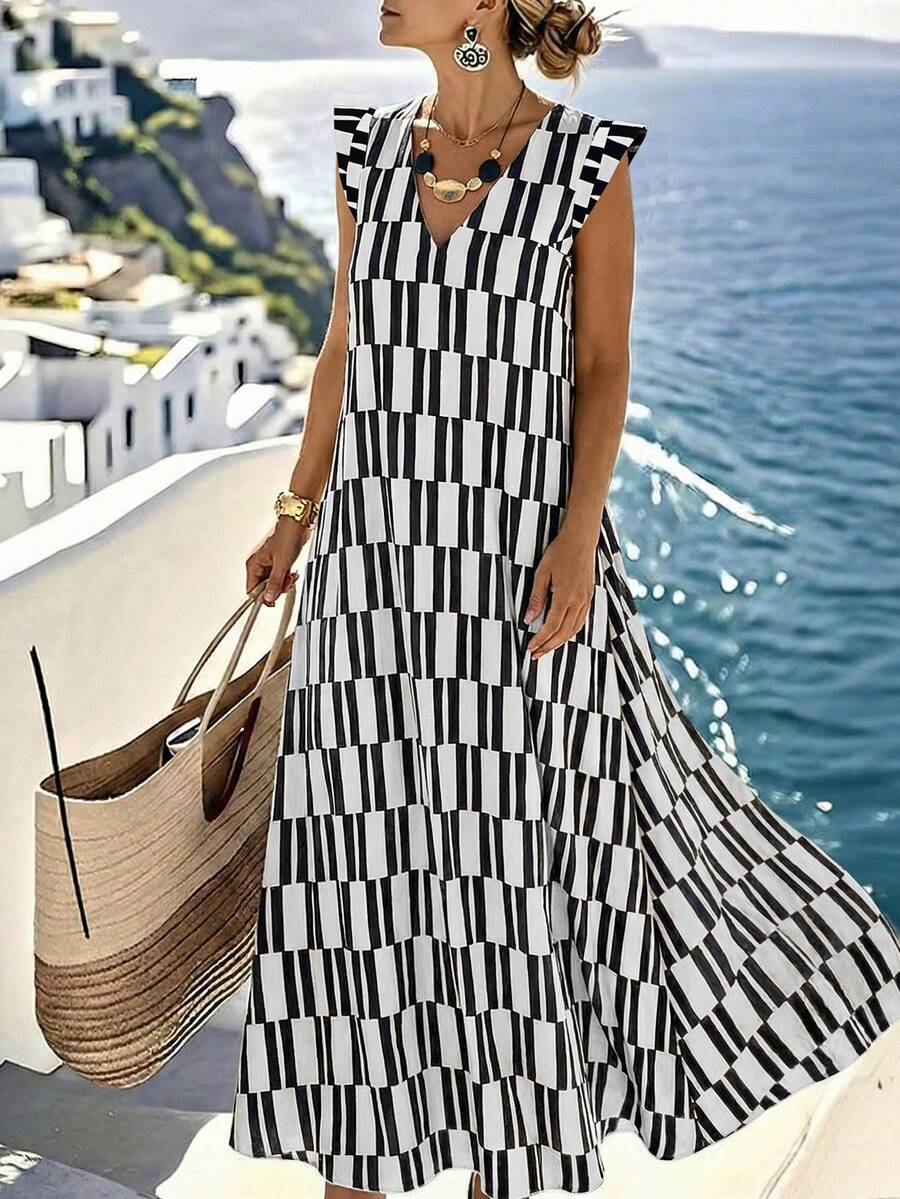 EMERY ROSE Women's Retro Patterned Extra Long Dress,White And Black Summer Casual Vacation Holiday Resort Wear Cruise Outfit Greece Sundress Fall Clothes - Black and White - View 1
