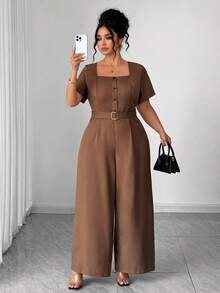 SHEIN Elenzya 大码女式纯色方领短袖纽扣设计阔腿休闲连体裤棕色连体裤女式连体裤 - 棕色 - 查看 4