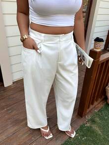 SHEIN EZwear 白色复古宽松阔腿休闲工装裤，百搭大码，春夏款 - 白色 - 查看 5