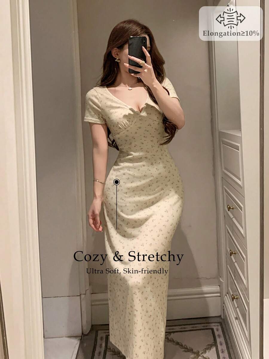 DAZY V領碎花修身夏季睡裙,女款睡衣連身裙 - 黃色 - 查看 1