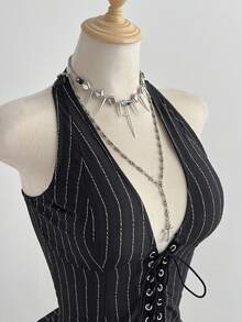 Elamini Women's Black Striped Criss-Cross Spaghetti Strap Backless Mini Dress, Sexy, Versatile, Suitable For Music Festivals, Parties - Black - View 1