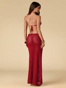 SHEIN BAE Vestido de punto con escote halter y espalda descubierta, estilo de vacaciones en la playa francesa. Vestido midi ajustado minimalista de alta gama para el verano - Rojo - Ver 2