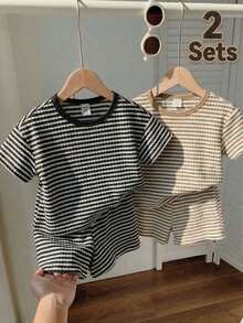 SHEIN Playful Pals 2 Sets Toddler Boys Black Khaki Horizontal Striped Textured Knit T-Shirt & Shorts Pants Outfits,Black And White Checkered,Summer,Casual,Work Clothing - Multicolor - View 3