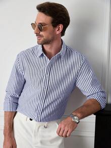 Core Aspect Cămașă bărbătească cu dungi, casual, business, mânecă lungă, cămașă cu guler albastru, cămașă de costum formal, cămașă albă bărbătească, versatilă pentru purtare zilnică, cămașă bărbătească albastră și albă, cămașă business casual de vară, cămașă cu dungi bărbătească, smart casual, cămașă bărbătească din amestec de in, cu dungi albastre și albe, cămașă casual cu dungi, top vintage slim fit pentru ieșiri zilnice/ Cămașă bărbătească cu dungi albastre și albe, ținută streetwear supradimensionată cu mânecă lungă pentru escapade de weekend - Albastru - Vizualizare 6