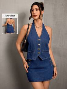 Elenzga Sleeveless Casual Denim Vest & Loose Fit Denim Skirt 2-Piece Set For Women - Dark Wash - View 1