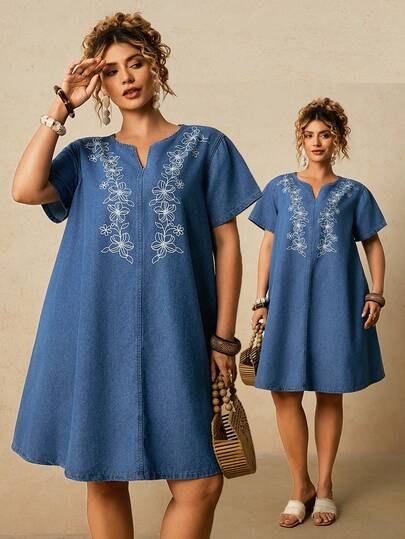 Travachic Plus-Size Blue Denim Dress, Loose A-Line Silhouette, Floral Print. Summer Dress .Beach Vacation Outfits,Summer Holiday Outfits