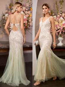 MOTF Soiréza Đầm cocktail thanh lịch, hở lưng, thêu sequin và họa tiết chắp vá, thích hợp cho mùa xuân/hè. - Màu xanh Bạc hà - Xem 2