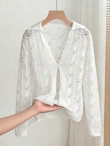Franclia Women's White Knitted Cardigan,Silky Autumn Casual Everyday Hollowed-Out Crochet Sweater,Sweet Y2k Lapel Collar Long Sleeve Button Fitted Knit Top - White - View 1